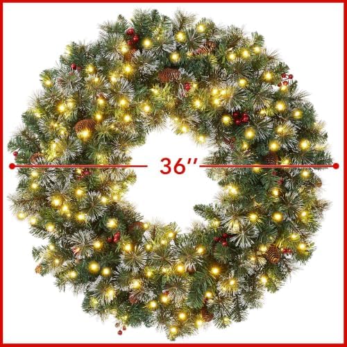 Casafield 36" Pre-Lit Fir Artificial Christmas Wreath Holiday Décor, 150 LED Lights, 360 PVC Tips Pinecones, Berries for Front Door, Window, or Mantel - Image 5