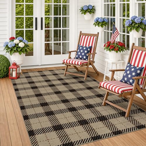 Easy Jute Area Rug 5x7, Black & Tan Plaid Rug, Washable Indoor Outdoor Farmhouse Rug for Living Room, Entryway, Bedroom, Patio & Covered Porch, Low Pile Non Slip by JTJ
