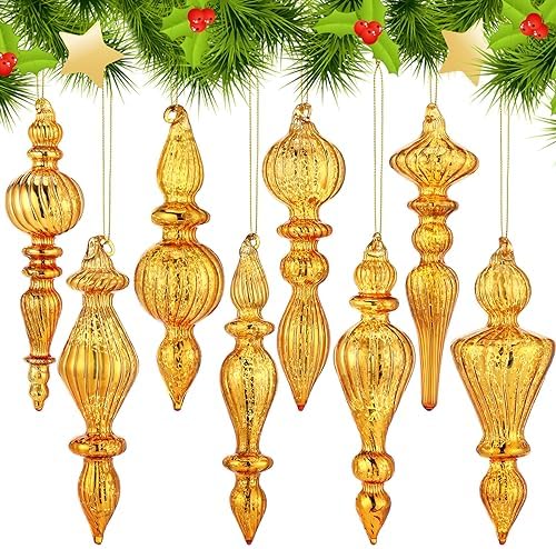 Mifoci 8 Pcs 6 Inch Mercury Glass Finial Christmas Ornaments,Gold by Mifoci