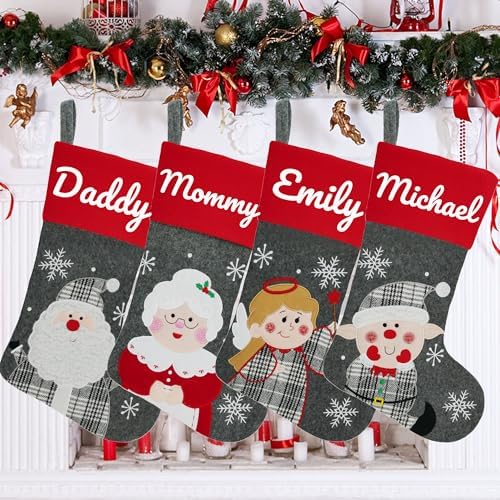 Set of 4, 18" Dia Personalized Gray Christmas Stockings with Embroidery Names,with Holders, Quality Thick Fleece Material Stockings for Family Decor(Santa Mrs.Claus Angel Elf) - Image 5