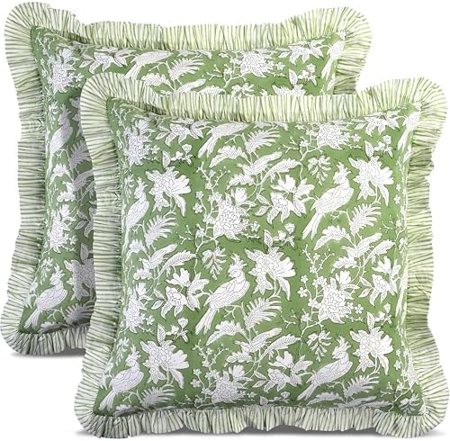 CPC Olive Green 100% Cotton Block Print Ruffle Pillow Cover 16X16 inch, Handmade Boho Floral Pillowcase, Farmhouse Cottagecore Bedding, Soft Decorative Cushion Cover for Bedroom Décor by COTTONPRINTCLUB