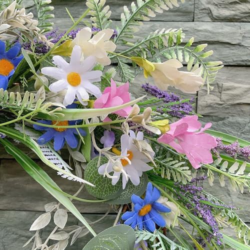 Spring Summer Wildflower Wreath for Front Door 18 Inch Artificial Colorful Flower Wreath for Indoor Outdoor Wall Festival Easter Home Farmhouse Wedding Decor (Green) - Image 4
