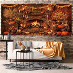 8X7Ft Fall Garage Door Cover Decorations, Autumn Pumpkin Rustic Fireplace Leaves Backdrop Door Cover Fall Thanksgiving Wall Banner Backdrop Background for Home Window Patio Yard - Image 5
