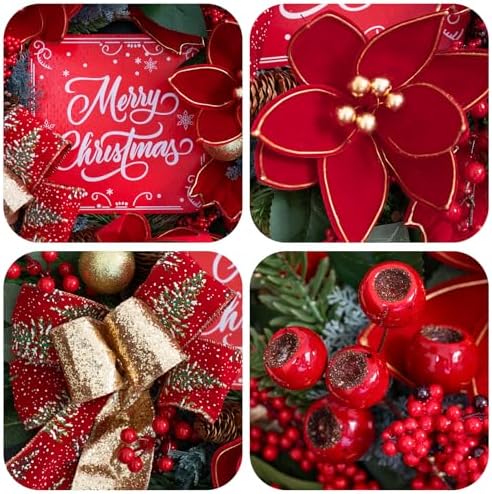 Christmas Wreath with Lights, 24 Inch Lighted Christmas Wreath for Front Door, Winter Wreath with LED Lights, red Berries, Pinecones, Gold Ball, Red Bow, Merry Christmas Sign for Indoor or Outdoor - Image 3