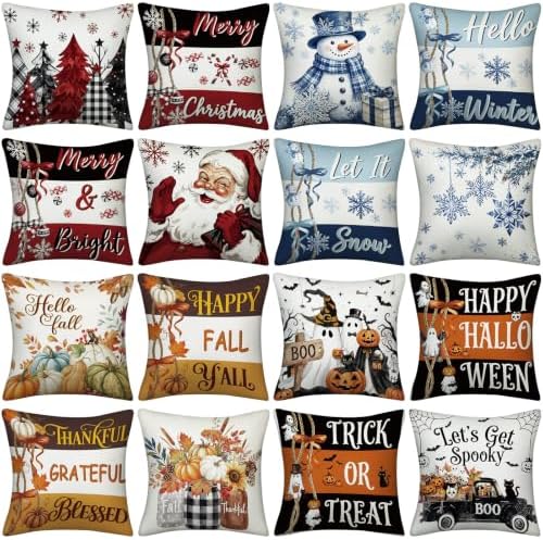 Peryiter 16 Pcs Seasonal Pillow Covers Holiday Pillow Covers 18 x 18 Inch for Christmas Halloween Winter Autumn Farmhouse Home Couch Sofa Decor (Christmas, Halloween, Winter, Autumn) by Peryiter