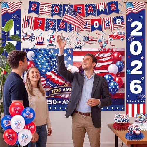 Sabary 48 Pcs 4th of July Decorations 250th Anniversary Patriotic Decoration Red White Blue Porch Banners Backdrop Hanging Swirls Balloons Honeycomb Centerpieces for Independence Day Party Supplies - Image 5