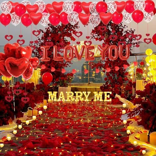 Marry Me Light Up Letters Proposal Decorations, 7Pcs 8.5" Marry Me Sign, 24Pcs Flameless Candles 2000Pcs Red Fake Rose Petals 8Pcs I Love You Letter Balloons 55Pcs Latex Heart Balloon Valentine's Day - Image 6