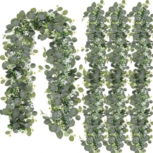 N&T NIETING 4 Pack Artificial Eucalyptus Leaf Garland, Faux Greenery Garland Decor 6 FT Summer Garlands, Fake Hanging Vines Garlands for Wedding Decoration Table Mantle by NTNIETING