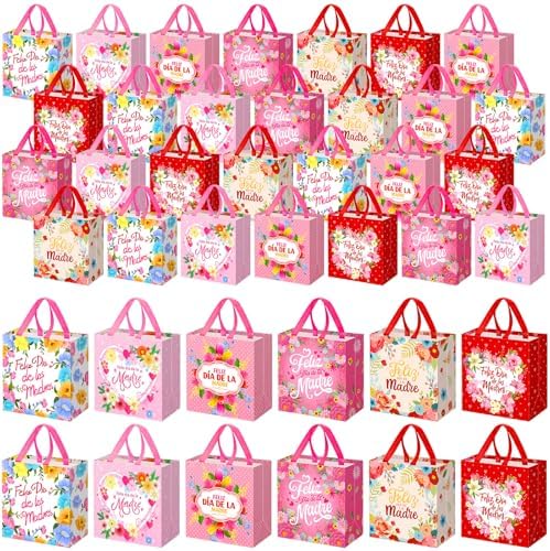 Wesnoy 48 Pcs Spanish Mother's Day Tote Gift Bag Bulk Feliz Dia De Las Madres Gift Bag with Handle Floral Non Woven Candy Bags Reusable for Gifts Wrapping Mother's Day Party Favor, 11.4x10.6x4.7 Inch by Wesnoy