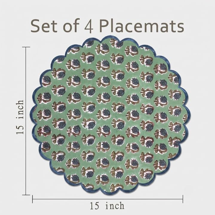 Ridhi Floral Block Print Round Placemats 15" in, Set of 4, Basil Green - Image 3