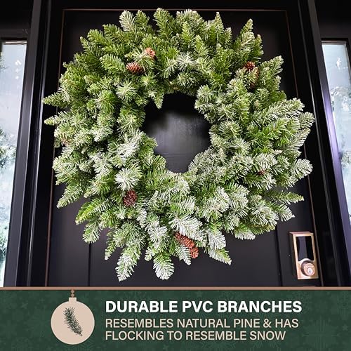 Fraser Hill Farm 36" Frosted Pine Wreath Door Hanging with Pinecones, No Lights, FFWRA036-0SN, Snow - Image 6