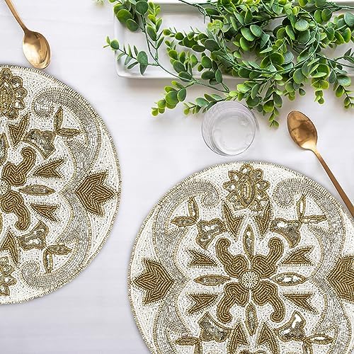 Beaded Charger Placemats Set of 2, 13" –Silver Gold Ivory - Image 2