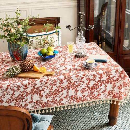 Cotton Vintage Floral Tablecloth Tassel Trim Red 60x60 - Image 4