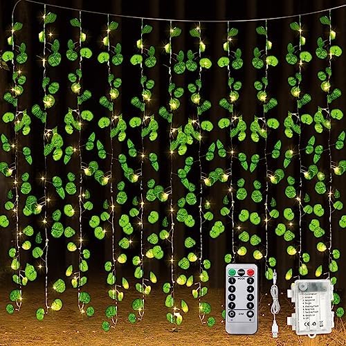 15 Pcs 6.6 ft Fake Vines with Lights for Bedroom 300 LED, Eucalyptus Leaf by Unittype