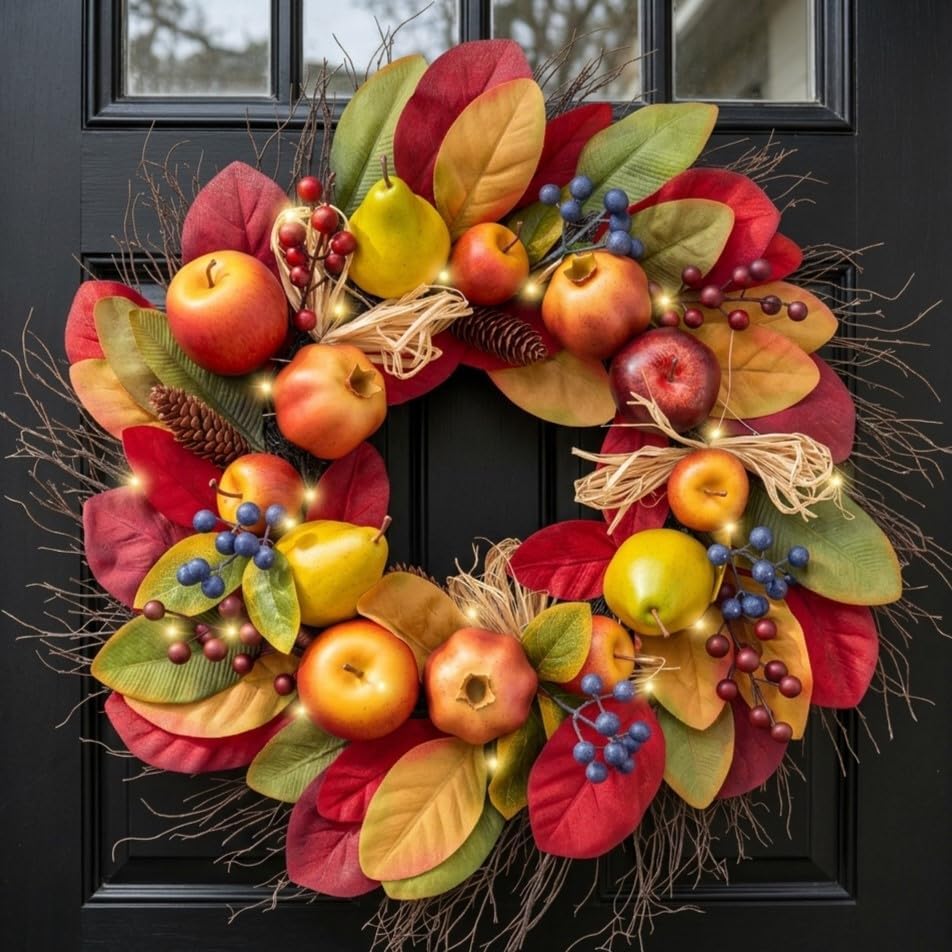 Valery Madelyn 24'' Collapsible Pre-Lit Fruits Fall Wreath for Front Door by ValeryMadelyn