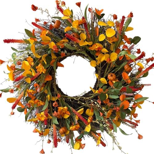 HipTree 24 Inch Fall Wreath for Front Door, Autumn Wreath with Mini Pumpkin by HipTree