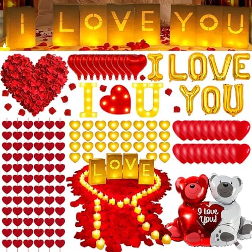 6000+PCS Rose Petals and Candles Set for Romantic Decorations Special Night - I Love You Letters Balloon and 8 Luminary Bags 6000 Rose Petals 48 Heart Candles for Anniversary Valentines Day Proposal by Unknown