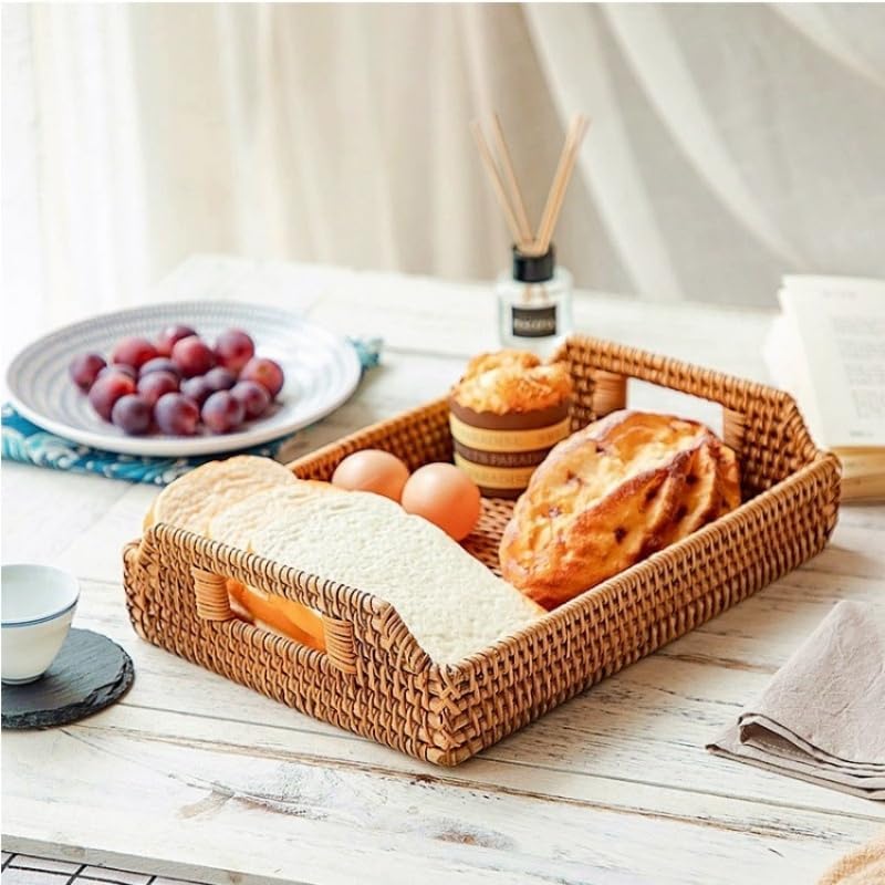 Rattan Serving Tray, Hand Woven Tray with Handles, Rectangular Wicker Basket Tray for Coffee Table Home Decor (14.5 x 10.2 x 1.4 inch) - Image 3