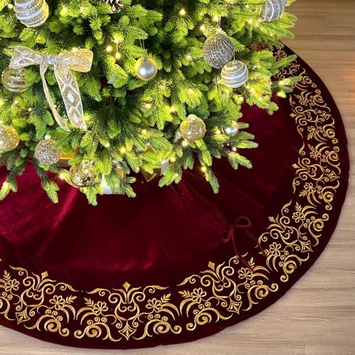 84-Inch Victorian Velvet Christmas Tree Skirt with Gold Damask Embroidery and Plush Lace Ties, Burgundy by StarryDynamo