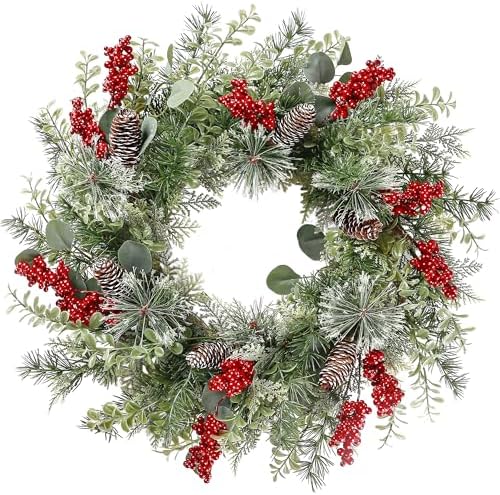 Sggvecsy 21 Inch Artificial Christmas Wreath for Front Door Xmas Red Berry Wreath with Pine Needles Pine Cones Eucalyptus Leaves Christmas Hanging Decorations for Wall Outdoor Home Window Decor by Sggvecsy
