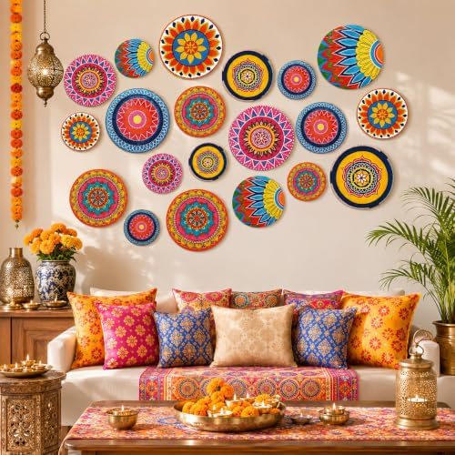 RattanView Mandala 18 Pcs Indian Round Wall Art, Diwali Wall Hanging Decor - Image 6