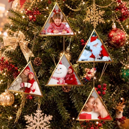 Qunclay 6 Pcs 5" Christmas Brass Picture Frame Ornaments Xmas Metal Double Glass Hanging Photo Frame with Metal Chain for Christmas Tree Decorations(Gold, Triangle) - Image 5