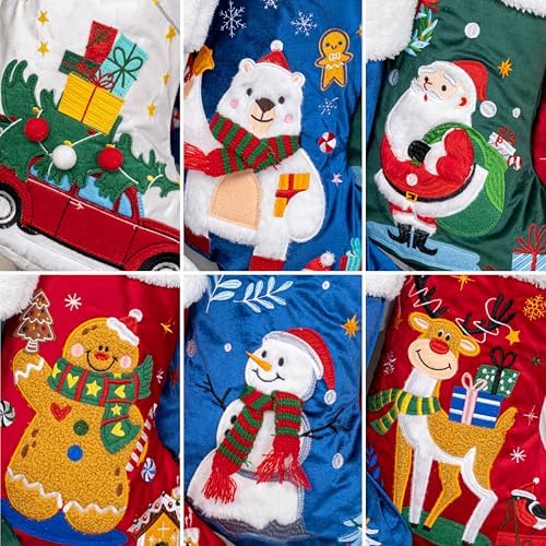 BHD BEAUTY Christmas Stocking 8 Pack Green Blue Red Velvet Embroidery Pattern Soft Faux Fur for Family Decorations Hanging Ornament for Xmas Holiday Party - Image 3