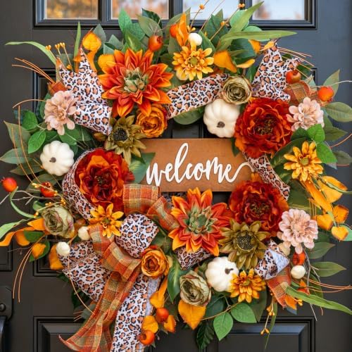 24 Inch Fall Wreaths for Front Door, Autumn Wreath with Welcome Sign by NaturaWre