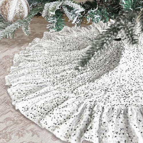 White Tree Skirt 45 Inch Sequin Christmas Tree Skirt Ruffle by Unknown
