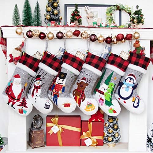 BHD BEAUTY Set of 6 Christmas Stockings Gray Burlap Buffalo Red Plaid Soft Faux Fur 20 Inches Lovely Embroidery Pattern for Family Decorations Hanging Ornament for Xmas Holiday Party by bhdbeauty