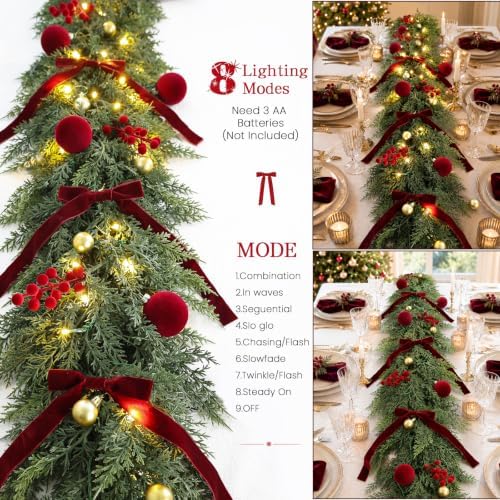 9FT Christmas Garland with Lights Ornaments Realistic Preit Cedar Garland - Image 4
