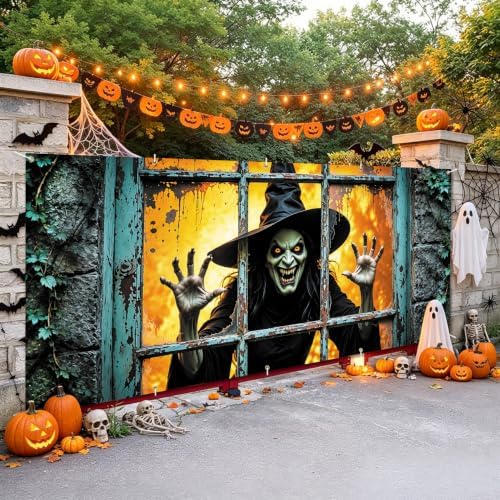 7x16FT Halloween Window Witch Garage Door Banner Skeleton Witch Happy Hallowen Garage Door Cover Decoration for Hallowen Decoration - Image 2
