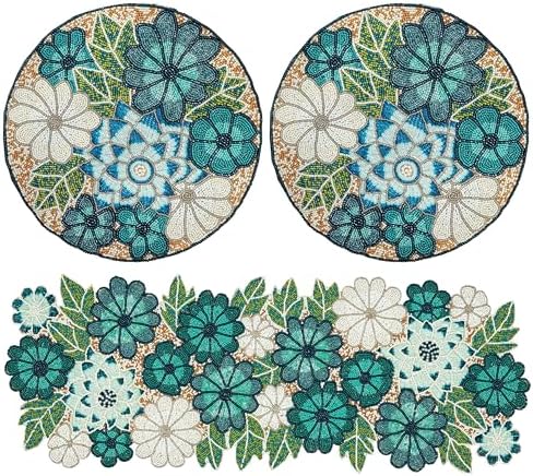 Beaded Table Runner decore 36 inches Long Christmas Flower Design Beaded Table Runners for Halloween, Christmas, Easter Coffee Tropical ,Combo Pack of Runner and 2 Pack Placemats Teal Multi - Image 3