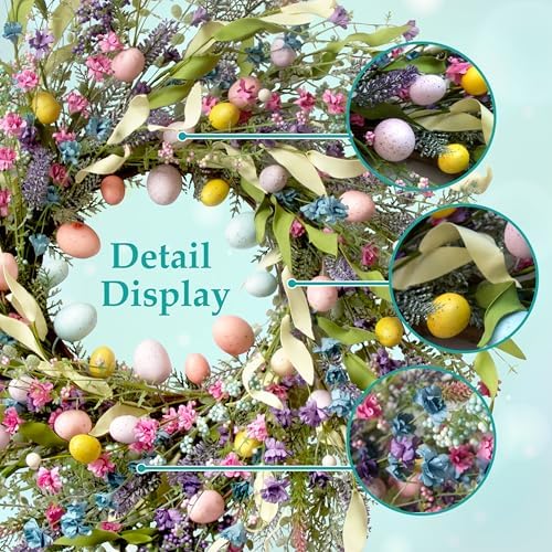 24 Inch Spring Easter Wreath for Front Door with Colorful Egg & Flower - Image 3