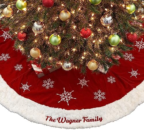 Personalization Universe Winter Wonderland Personalized Tree Skirt - Embroidered Christmas Decorations with Name, 54" Christmas Tree Skirt with Faux Fur & Snowflake Decorations by PersonalizationUniverse