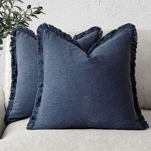 Foindtower Decorative Linen Fringe Throw Pillow Covers 22×22 Inch,Navy Blue by Foindtower