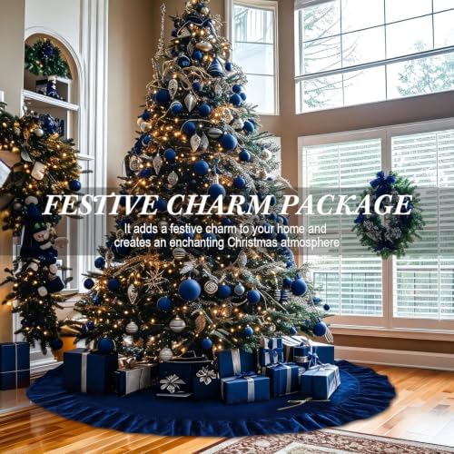 60 Inches Velvet Christmas Tree Skirt Decorations Blue Luxury Xmas Fur Plush Skirts for Merry Christmas Party Rustic Vintage Holiday Home Winter - Image 3