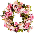 Lvydec Artificial Peony Flower Wreath - 15" Pink Flower Door Wreath Spring with Green Leaves for Front Door, Wedding, Wall, Home Decor by Lvydec
