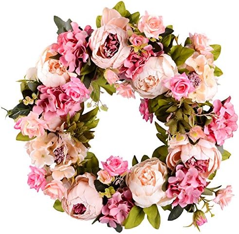 Lvydec Artificial Peony Flower Wreath - 15" Pink Flower Door Wreath Spring with Green Leaves for Front Door, Wedding, Wall, Home Decor by Lvydec