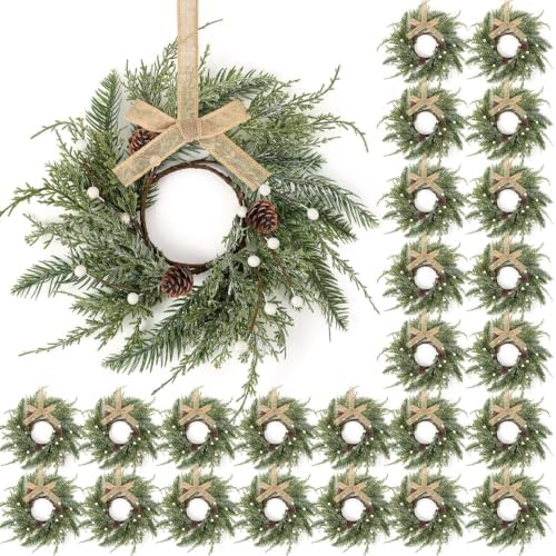 24 PCS Christmas Wreath Christmas Kitchen Cabinet Wreaths with Burlap Ribbon Mini Wreath Pine Garland Frosted Cedar Pine Cone Hanging Garlands Candle Rings for Front Door Window Chair Wall by Unknown