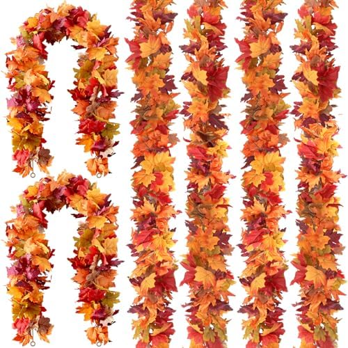 6 Pack 5.8Ft/Piece Fall Leaves Maple Leaf Garland for Mantle Artificial Autumn Hanging Foliage for Home Fall Decor Wedding Fireplace Party by Giaueoa