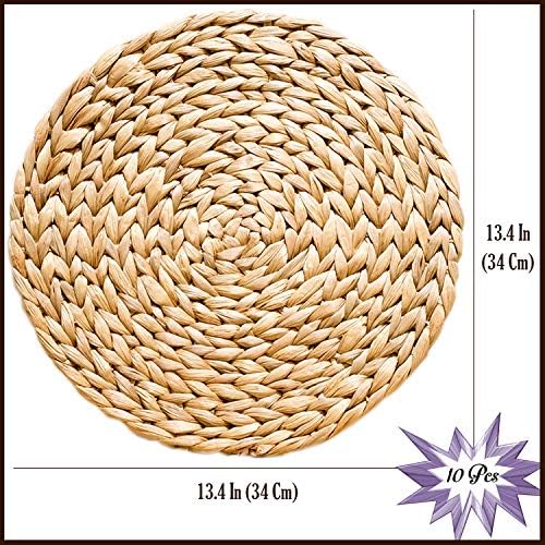 Round Woven Placemats Set of 10, 13.4 Inch Water Hyacinth Charger Plates with Clean Straight Rim, Bulk Handwoven Wicker Table Mats for Modern Minimalist Dining, Parties and Holiday Entertaining - Image 2