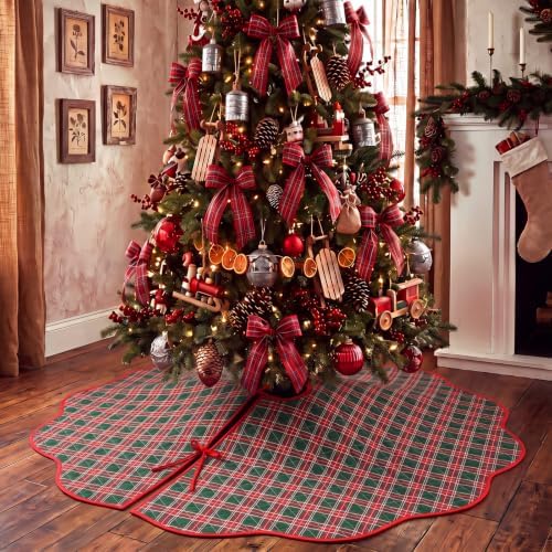 Junkin Green Red Plaid Quilted 60in Christmas Tree Skirt Tartan Tree Decor - Image 6