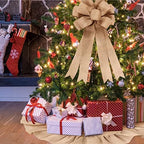 Civaner 2 Pcs Burlap Christmas Tree Topper with 39.4 Inch Ruffle Christmas Tree Skirt and 34 Inch Large Vintage Ribbon Bow Rustic Xmas Tree Ornaments for Wreath Party Holiday Farmhouse Home Decor - Image 4