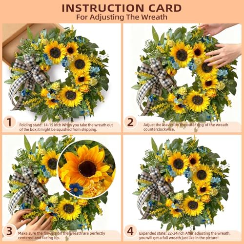 WANNA-CUL 24 Inch Summer Sunflower Wreath Linen Ribbon Front Door Wreath - Image 4