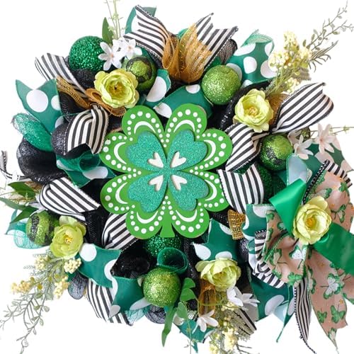 idyllic Irish Festival Aloe Green 22 Inch St Patricks Day Wreath, Four Leaf Clover Wood Sign with Green White Bow, Shamrock Decorations for Front Door Window Indoor Outdoor Holiday Decor by idyllic