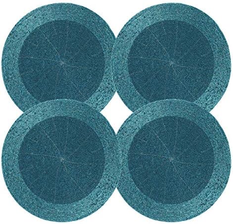 Lightnpro Handmade Beaded Placemats Set of 4 – 13 Inch Round Teal Charger Mats | Handcrafted Artisan Table Accessories, Elegant Farmhouse Dining Table Décor for Holiday Gatherings & Special Occasions by Lightnpro