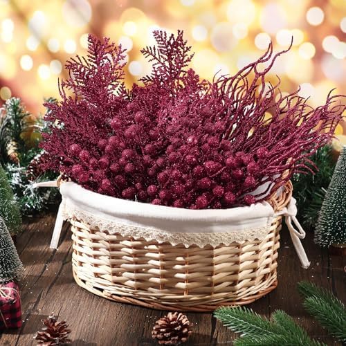 75 Pcs Christmas Glitter Tree Picks 3 Styles Berry Stems, Burgundy - Image 5