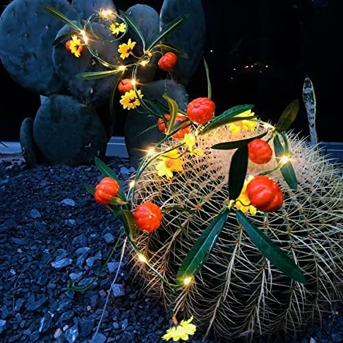 Artificial Pumpkin Plant Vine Faux Pumpkin and Yellow Flowers Ivy Green Leaves Garland with 2M 20 LED Coper Wire String Light Wedding Birthday Indoor Decor Fairy Light (Pumpkin, 4) - Image 5