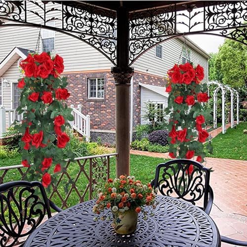 RECUTMS 4PCS Artificial Red Rose Garland Fake Hanging Flowers for Outdoors - Image 6